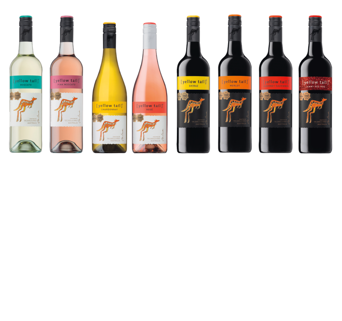 Eine Auswahl an acht Flaschen Wein der Marke 'yellow tail', darunter Weiß-, Rosé- und Rotweine in verschiedenen Farben.