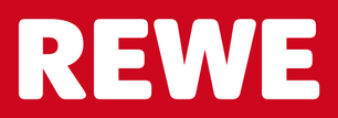 Das Logo von REWE in kräftigem Rot und Weiß, das die Markenidentität des Unternehmens klar hervorhebt.