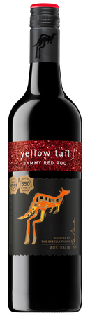 Eine Flasche [yellow tail] Jammy Red Roo mit einem bunten Känguru-Design auf dem Etikett, das die australische Herkunft symbolisiert.