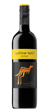Eine Flasche [yellow tail] Shiraz mit einem bunten Känguru-Design auf dem Etikett, das die australische Herkunft symbolisiert.