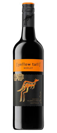 Eine Flasche [yellow tail] Merlot mit einem bunten Känguru-Design auf dem Etikett, das die australische Herkunft symbolisiert.