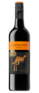 Eine Flasche [yellow tail] Merlot mit einem bunten Känguru-Design auf dem Etikett, das die australische Herkunft symbolisiert.