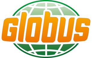 Das Logo zeigt den Schriftzug 'GLOBUS' in leuchtendem Orange, umgeben von einem stilisierten Globus in sanften Grüntönen.