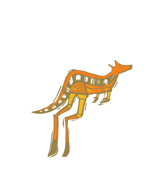 Ein stilisierter Känguru-Umriss in warmen Orangetönen, der dynamische Bewegung und Energie ausstrahlt.