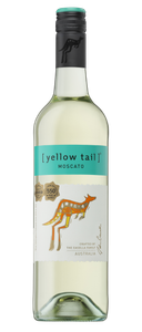 Eine Flasche [yellow tail] Moscato mit einem bunten Känguru-Design auf dem Etikett, das die australische Herkunft symbolisiert.