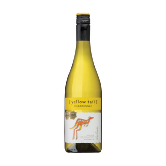 Eine Flasche Chardonnay von [yellow tail] mit einem auffälligen gelben Etikett und einem stilisierten Känguru-Design.