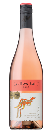 Eine Flasche Rosé mit einem auffälligen Känguru-Design auf dem Etikett, das die australische Herkunft betont.