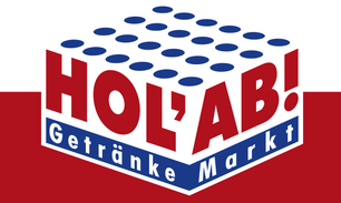 Das Logo von HOL'AB! zeigt einen stilisierten Getränkemarkt mit auffälligen roten und blauen Farben.