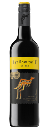 Eine Flasche Shiraz mit einem auffälligen gelben Etikett und einem künstlerischen Känguru-Design auf schwarzem Hintergrund.
